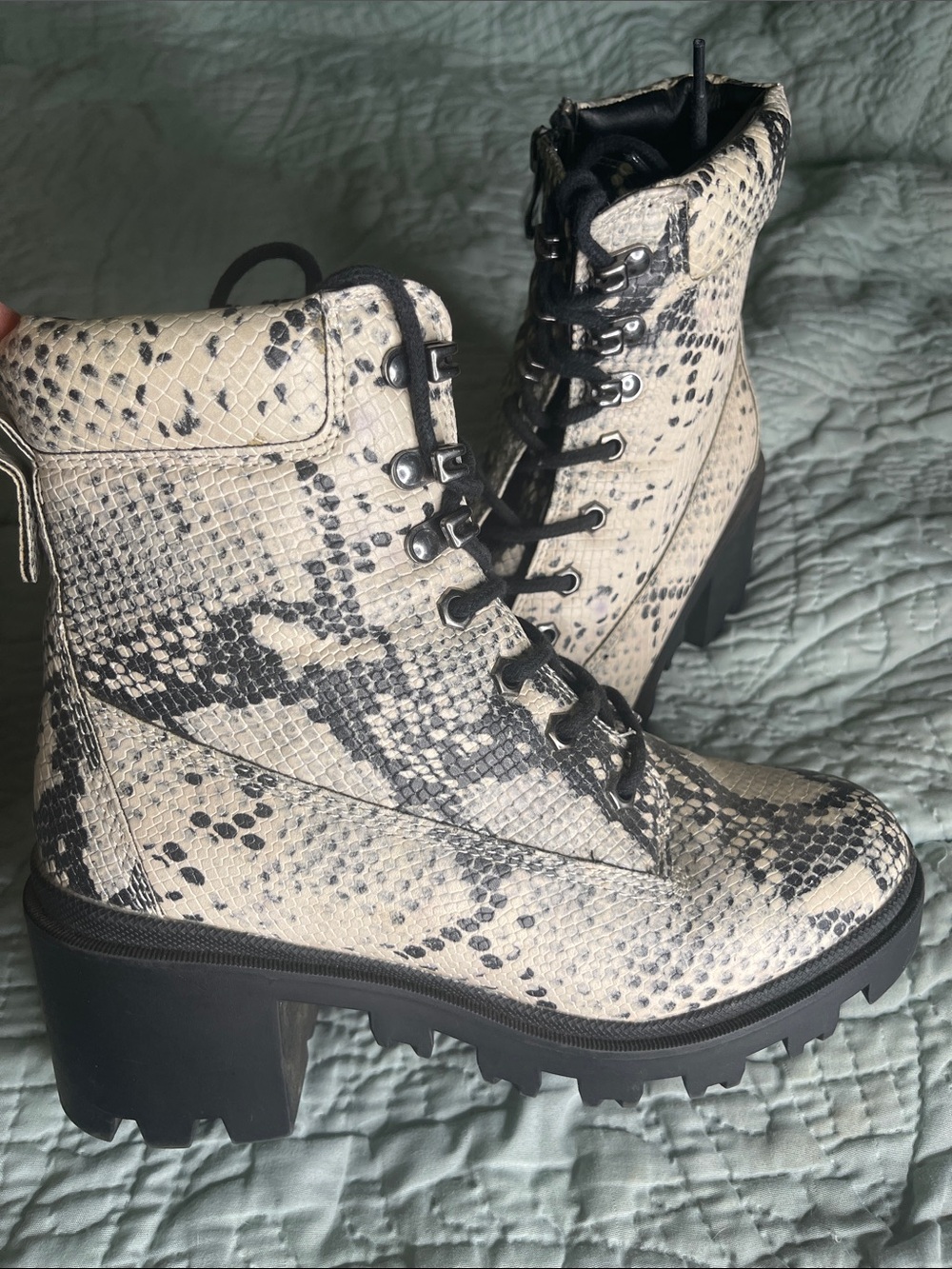 Madden Girl Snake-Print Lace-Up Ankle Boots in Beige and Black